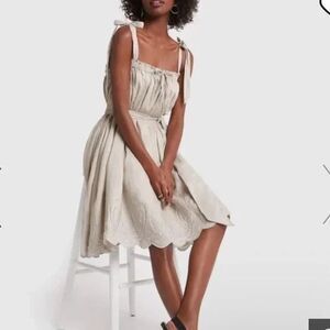 Innika Choo Linen Dress Skirt Tan O/S Cottage Coquette Embroidered Lined NWT